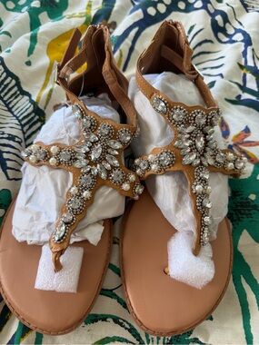 NWT 7W Torrid Tan Jeweled T-Strap Sandals